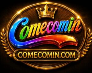 A glossy, colorful 3D logo featuring the word “Comecomin” in rainbow gradient text with a golden crown on top and “COMECOMIN.COM” written below inside a gold frame.